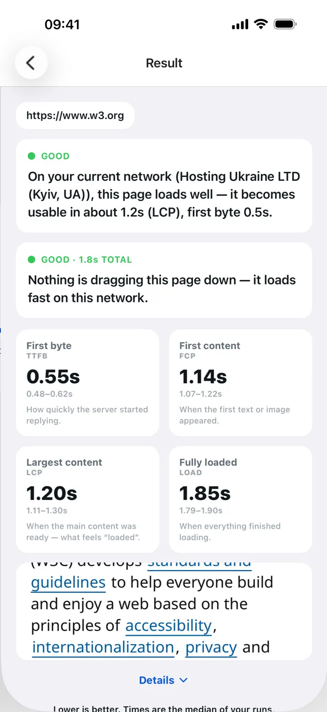 A LoadAtlas result for w3.org: a GOOD verdict, then first byte 0.55s, first content 1.14s, largest content 1.20s and fully loaded 1.85s.