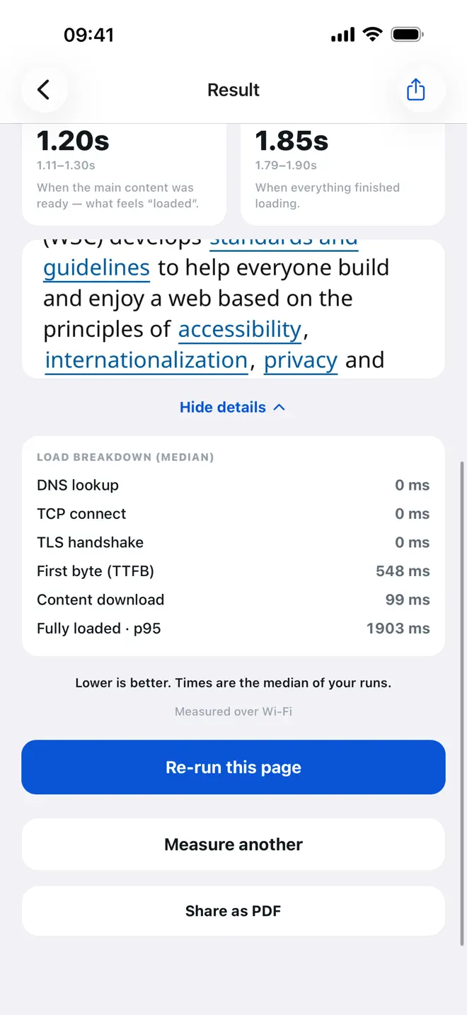 The LoadAtlas metric breakdown screen, with each timing explained in plain language.